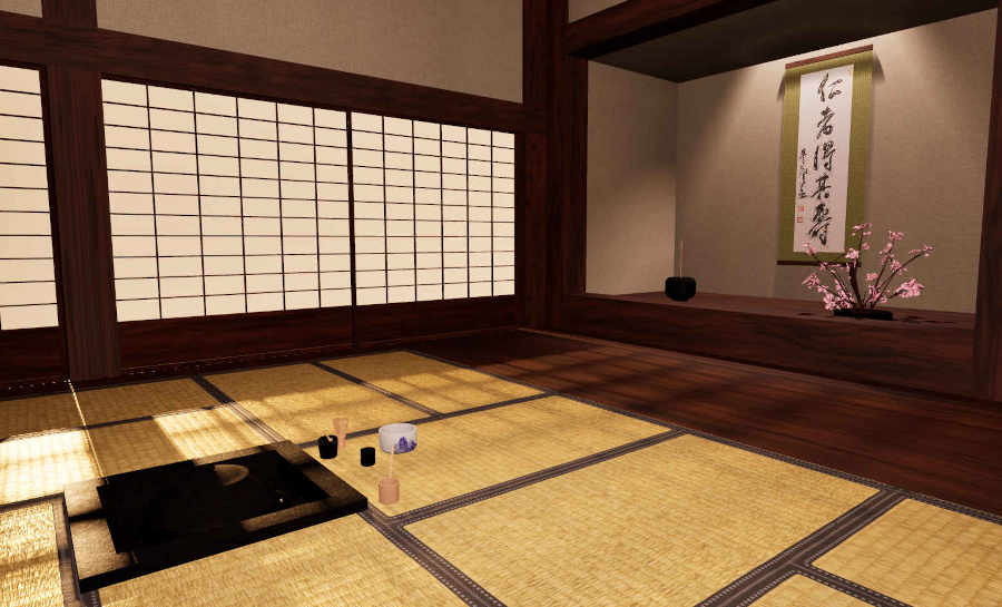 Screenshot of the VRyu tea room scene